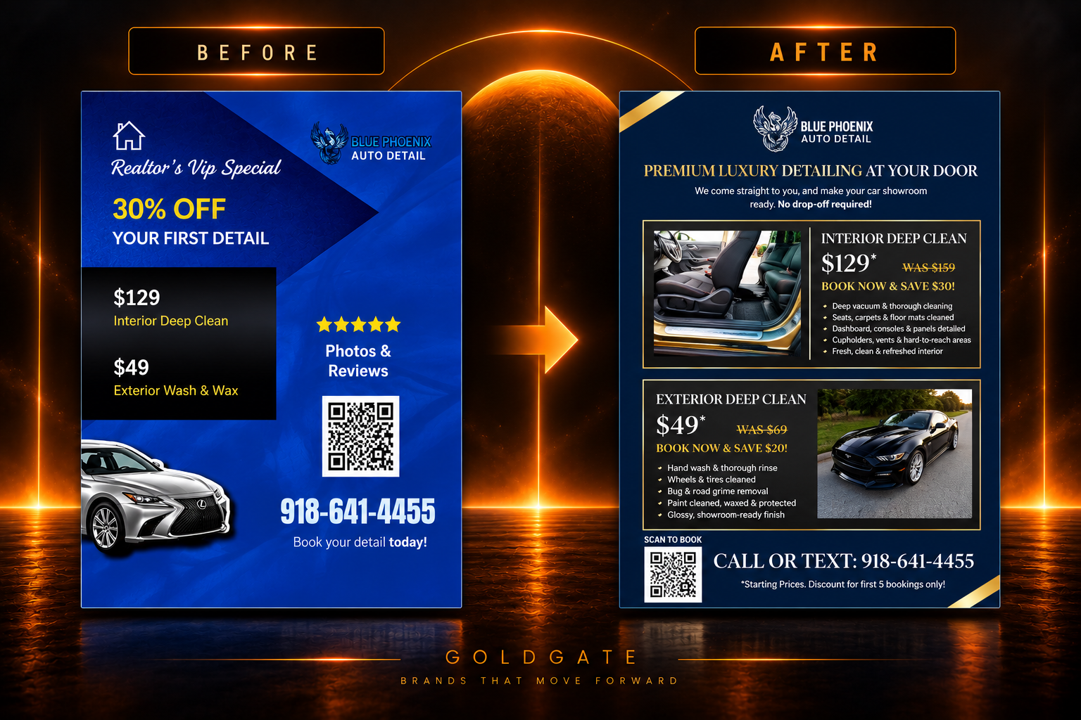 Before-and-after comparison of Blue Phoenix Auto Detail flyer design - from a busy blue 'Realtor's Vip Special' promo to a premium dark luxury detailing offer