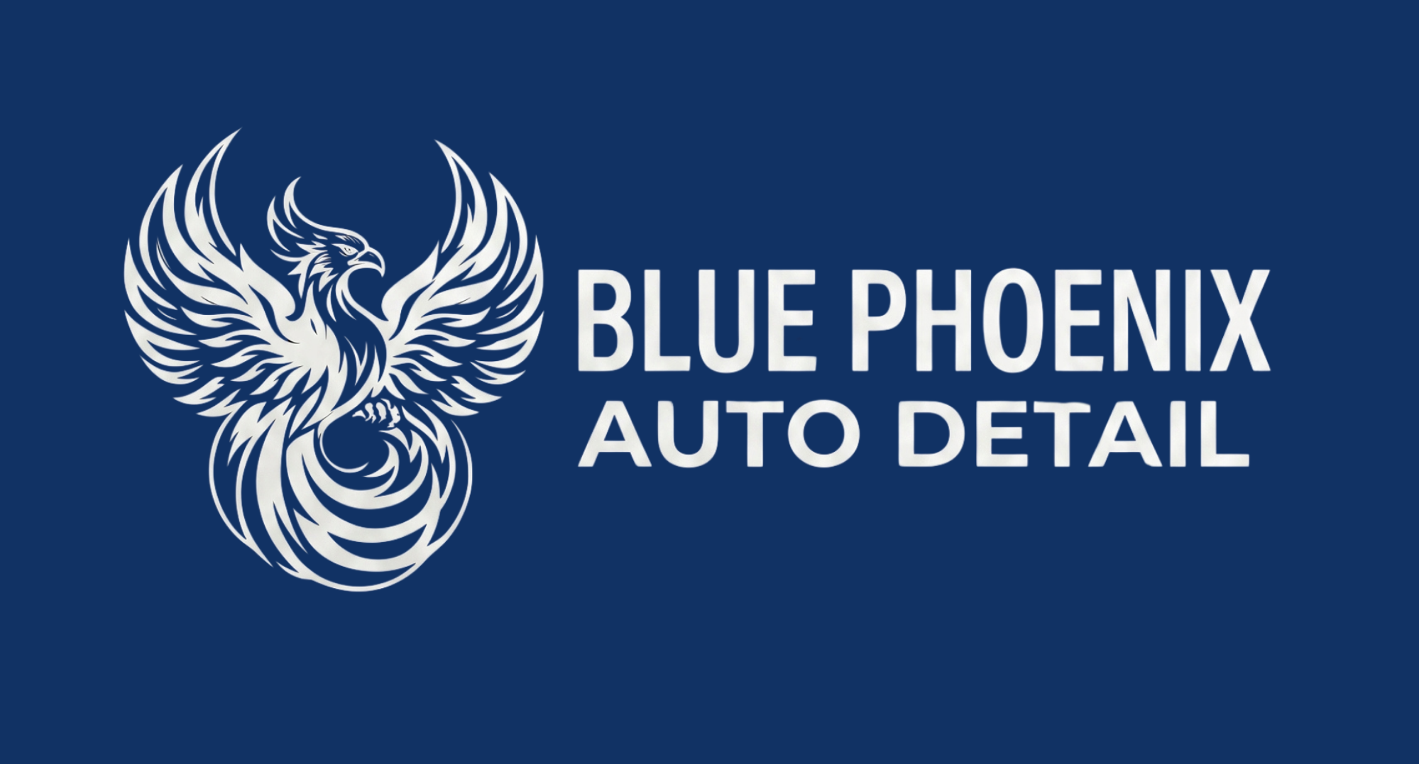 Blue Phoenix Auto Detail logo - a white phoenix mark and wordmark on a deep blue background