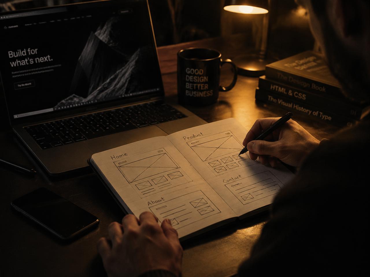 Designer sketching website wireframes in a notebook beside a laptop under warm lamp light