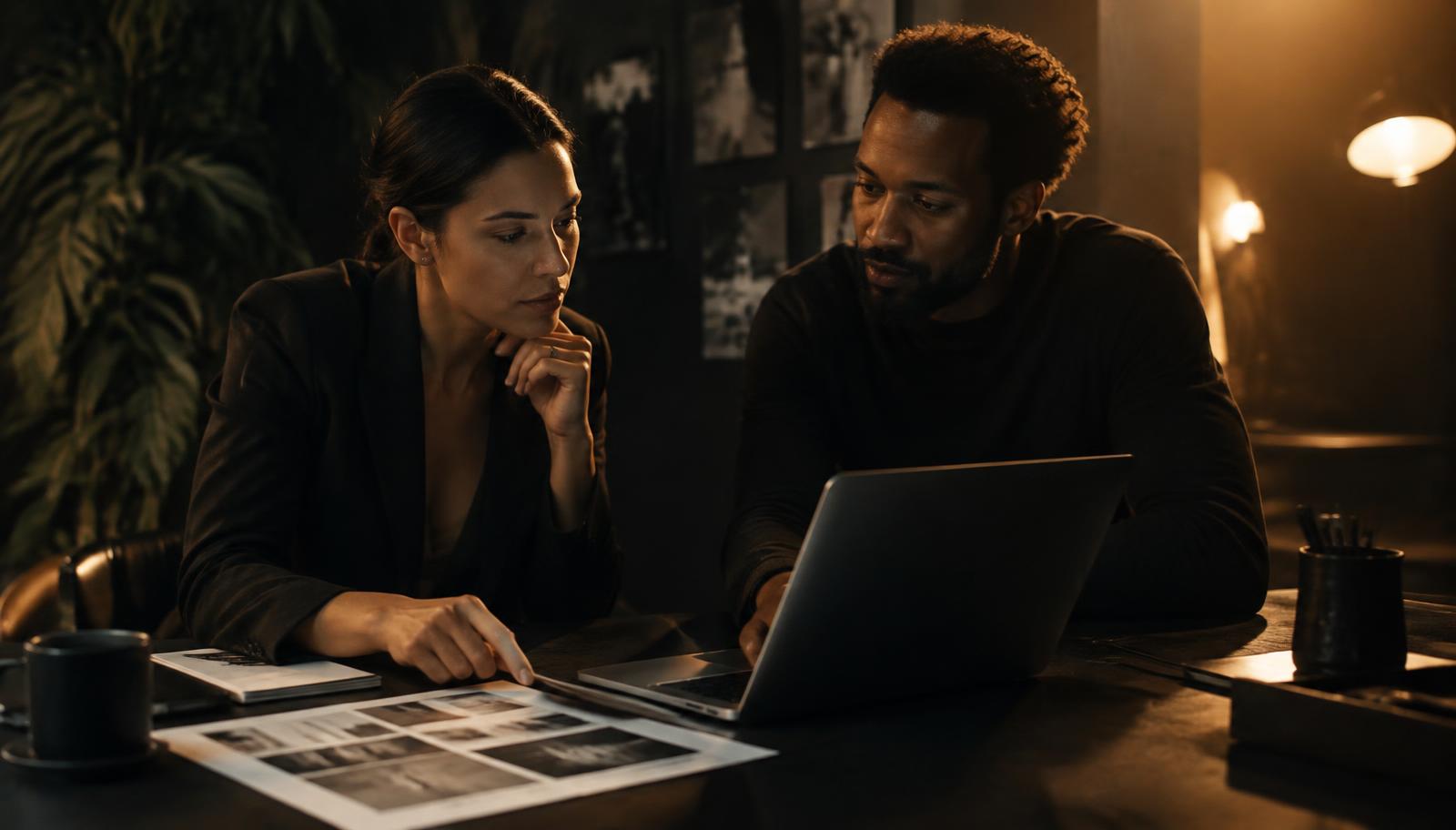 A designer and a business owner reviewing layouts together on a laptop
